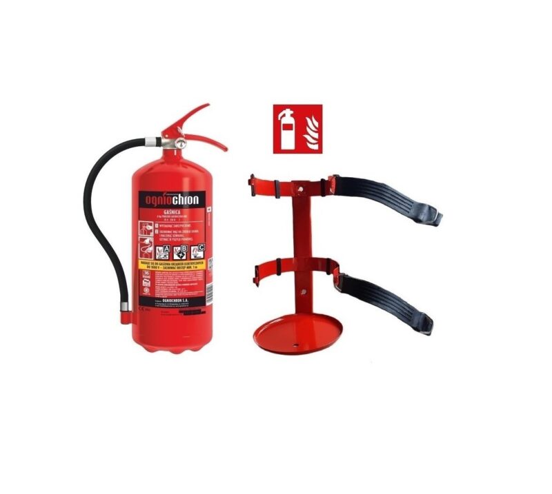 Gaśnica proszkowa 6 kg ABC /E + wieszak + znak - kombajn, maszyny, BHP